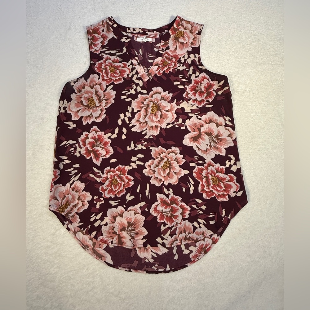 Maurices Floral Sleeveless Blouse Size M Burgundy Pink Boho Top - Picture 2 of 14